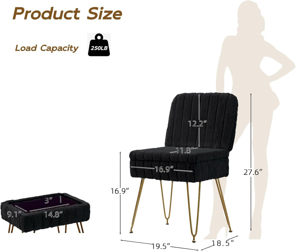 Vanity Chair with Storage | Comfy Ottoman with Folding Back | Faux Fur Vanity Stool with 4 Metal Legs for Make Up | Furry Padded Seat with Anti-Slip Feet for Bedroom Dressing Room | Black