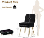 Vanity Chair with Storage | Comfy Ottoman with Folding Back | Faux Fur Vanity Stool with 4 Metal Legs for Make Up | Furry Padded Seat with Anti-Slip Feet for Bedroom Dressing Room | Black