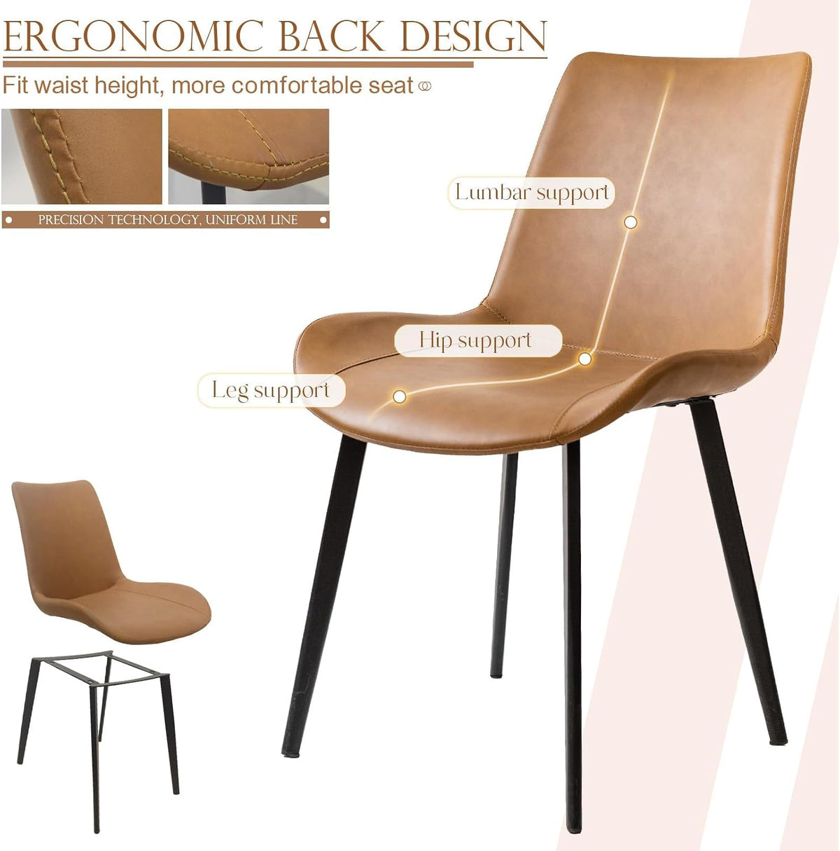 Dining Chairs Set of 2, Modern PU Leather Dining Room Chair with Sturdy Metal Legs, Upholstered Faux Leather Cushion Seat Dinner Chairs Accent Side Chairs for Indoor Kitchen Living Room,Brown