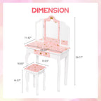 JOYMOR Kids Princess Vanity Table and Chair Set, Kids Vanity Set with Mirror, Makeup Dressing Table with Two 180° Folding Mirror for Girls Age 4-9