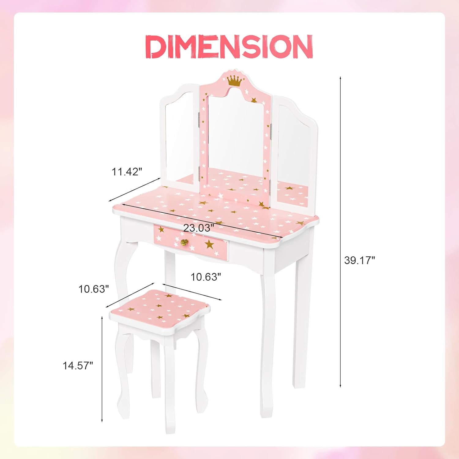 JOYMOR Kids Princess Vanity Table and Chair Set, Kids Vanity Set with Mirror, Makeup Dressing Table with Two 180° Folding Mirror for Girls Age 4-9