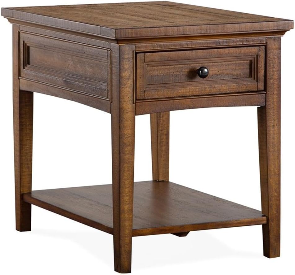 BOWERY HILL Traditional Rectangular End Table, Toasted Nutmeg Finish, 24" H x 20" W x 26" D, Solid Wood with 1 Drawer and Fixed Bottom Shelf, Aged Bronze Hardware, Living Room or Bedroom Side Table