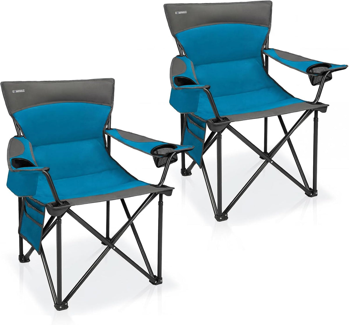 Oversized Camping Chair for Adults - 2 Pack Padded Lawn Chairs with Cup Holder & Side Pocket,Heavy Duty Folding Outdoor Chairs for Camp,Sports,Picnic,Beach,Blue