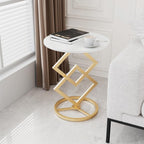 Boho Round Side Table Living Room, Luxurious Marble Desktop end Tables with Simple Aesthetic Metal Base, Modern Decor Bedside nightstand Coffee Snack Table for Bedroom Sofa Patio Balcony