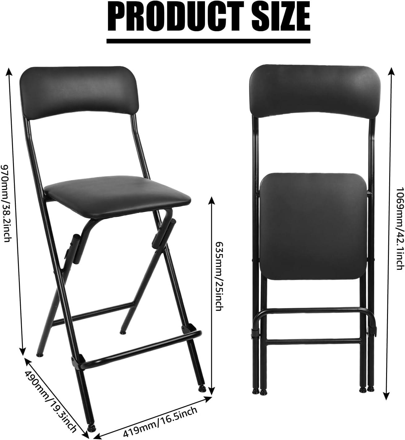 VENI HOME Folding Bar Stool with Backrest,25 Inch Leather Padded Counter Height Foldable Stool,Tall Folding Stool Chair for Gardening Kitchen Shop Cafe, Black (2 Pack)