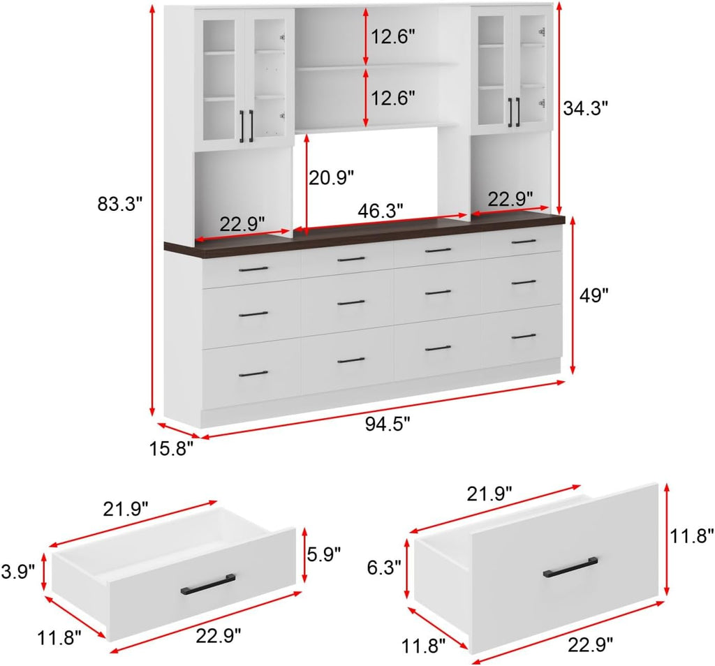 Kitchen Storage Cabinet with Glass Doors & Shelves, Kitchen Pantry with 12 Drawers, for Dining Room, White 94.5”W x 15.8”D x 83.3”H