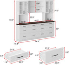 Kitchen Storage Cabinet with Glass Doors & Shelves, Kitchen Pantry with 12 Drawers, for Dining Room, White 94.5”W x 15.8”D x 83.3”H