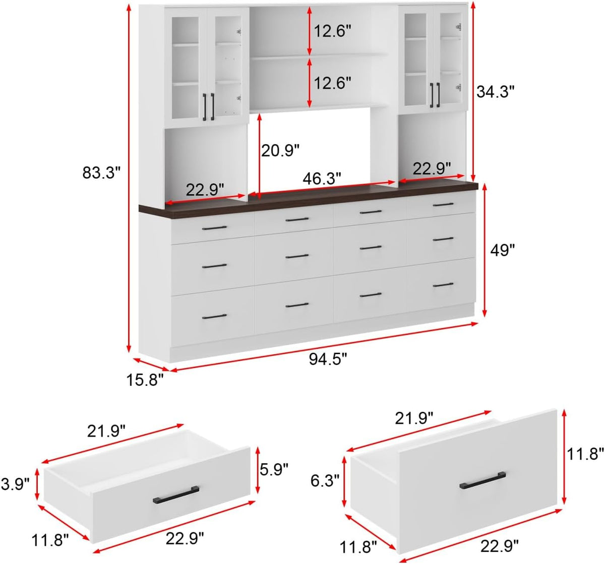 Kitchen Storage Cabinet with Glass Doors & Shelves, Kitchen Pantry with 12 Drawers, for Dining Room, White 94.5”W x 15.8”D x 83.3”H