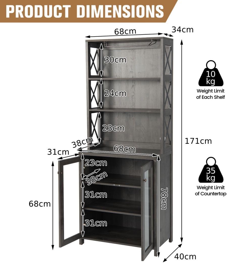 TANGZON Tall Kitchen Cupboard, Wooden Storage Sideboard with Adjustable Shelf, Glass Holder, Tempered Glass Door & Anti-toppling Device, Freestanding Pantry Cabinet Organiser for Dining Living Room