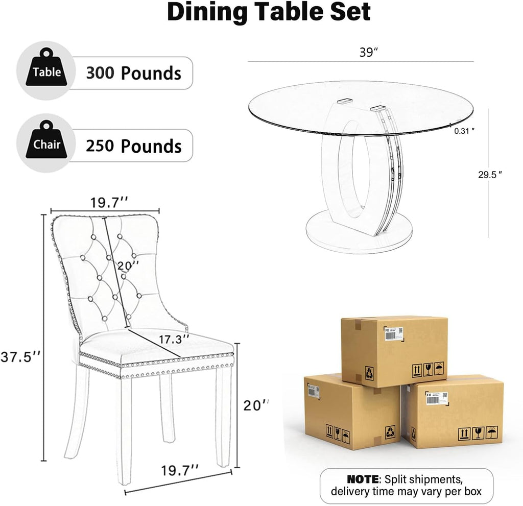 RGZ Modern 39" Clear Glass Round Dining Table Set, 5 PCS Luxury Circle Glass Top Kitchen Table with Gold Decorative Strips & 4 Beige High-end Tufted Chairs for Apartment Home Dining(White Base)