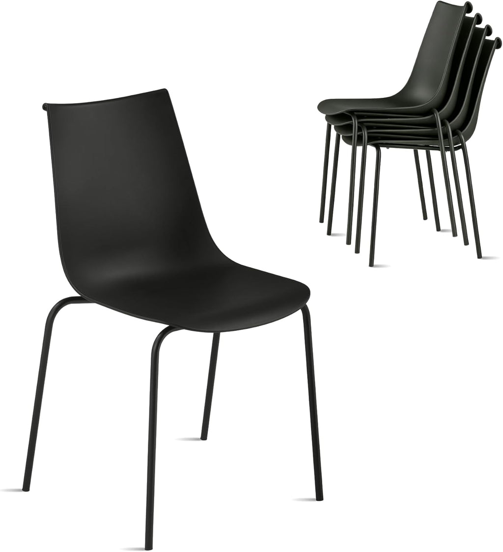 KISLOT Dining Chairs Set of 4, Plastic Outdoor Dining Room Chairs with Metal Legs, PP Anti-UV Stackable Patio Chairs with Ergonomic Back & Curved Seat for Kitchen Swimming Pool, Easy Assembly, Black