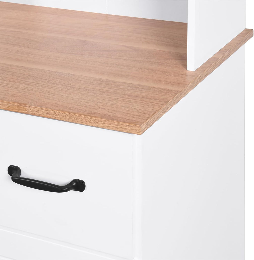 Kitchen Pantry Cabinet with Glass Doors, 66.93" Tall Kitchen Hutch Bar Cabinet with Microwave Stand Farmhouse Wood Storage Cabinet with 2 Drawers and Shelves Cupboard for Dining Room, 66.93" H