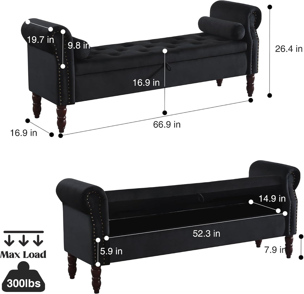 67" End of Bed Storage Bench King Size, Storage Bench for Bedroom, Velvet Bed Bench with Storage Upholstered Tufted Storage Ottoman Bench with Arms for Bedroom, Living Room, Entryway, Black