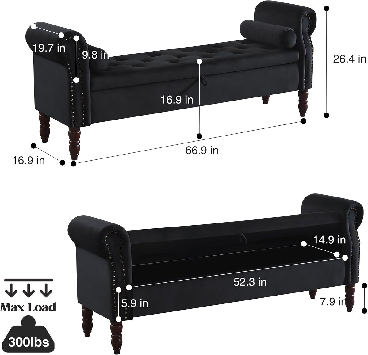 67" End of Bed Storage Bench King Size, Storage Bench for Bedroom, Velvet Bed Bench with Storage Upholstered Tufted Storage Ottoman Bench with Arms for Bedroom, Living Room, Entryway, Black