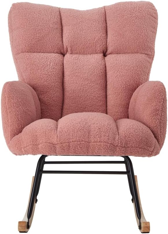 Tufted Upholstered Teddy Fabric Glider Rocking Chair with Metal Frame, Ergonomic Accent Chair for Living Room, Bedroom, and Leisure Spaces (Pink + Teddy)