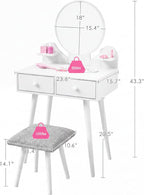 Arlopu Kids Vanity Table and Chair Set, 2 in 1 Girls Makeup Dressing Desk | with Detachable Large Mirror and Stool, Drawers, Shelves, Princess Wooden Pretend Play Toys for Little Girls (White)