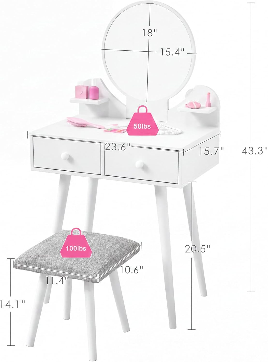 Arlopu Kids Vanity Table and Chair Set, 2 in 1 Girls Makeup Dressing Desk | with Detachable Large Mirror and Stool, Drawers, Shelves, Princess Wooden Pretend Play Toys for Little Girls (White)