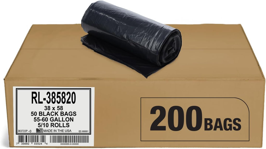 Aluf Plastics Heavy Duty 55 Gallon Trash Bags - (Large 200 Pack/w Ties) - 2 MIL Industrial Strength Plastic Drum Liners 38' x 58' Professional Black Garbage Bags for Construction, Contractors