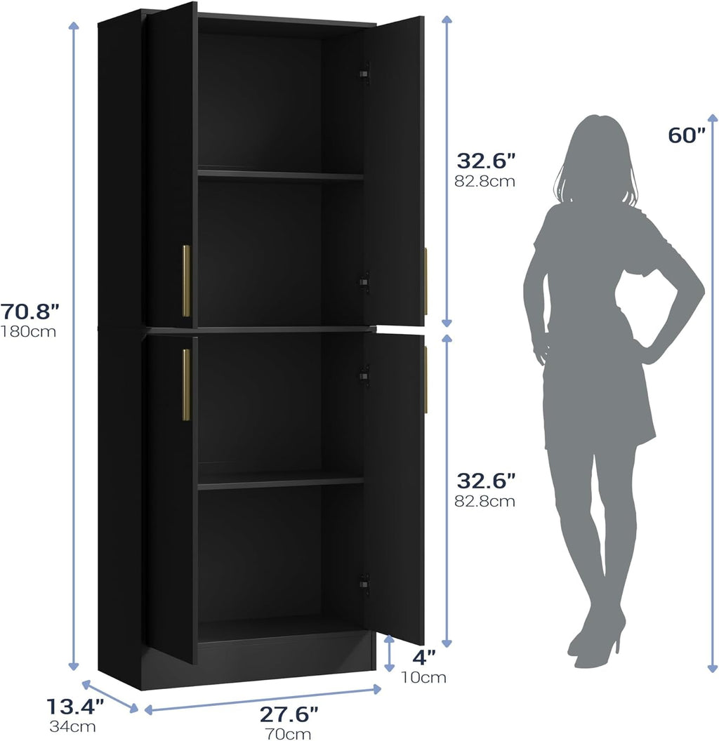 Housoul 71" Tall Pantry Cabinet, 4 Doors Kitchen Pantry Storage Cabinet, Freestanding Larder Cupboard, Kitchen Hutch with Gold Handles for Dining Room, Bathroom, Black