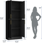 Housoul 71" Tall Pantry Cabinet, 4 Doors Kitchen Pantry Storage Cabinet, Freestanding Larder Cupboard, Kitchen Hutch with Gold Handles for Dining Room, Bathroom, Black