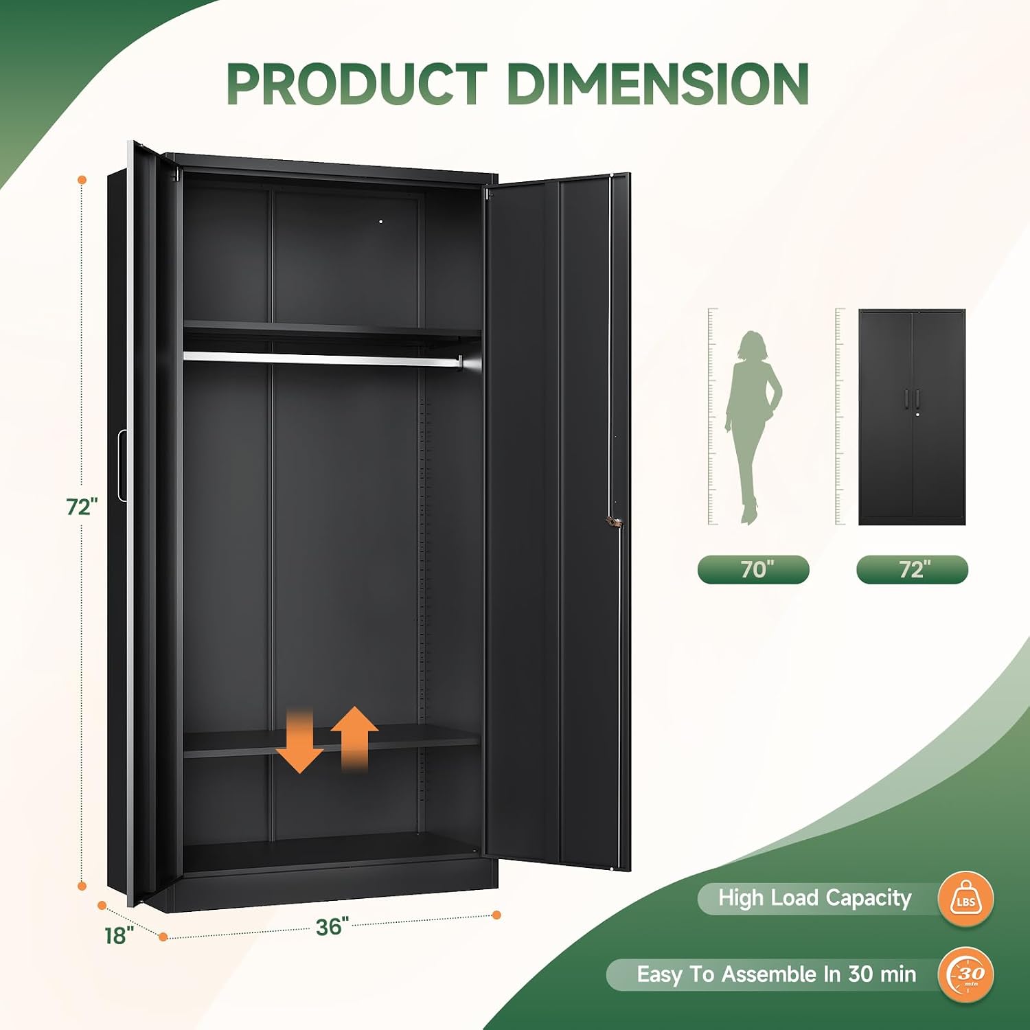 Letaya Metal Wardrobe Cabinets with Lock,Clothing Locker 72" X 36" X 18" Storage Cabinets for Home Room,Fire Department, School, Employee,Gym,Government (Black)