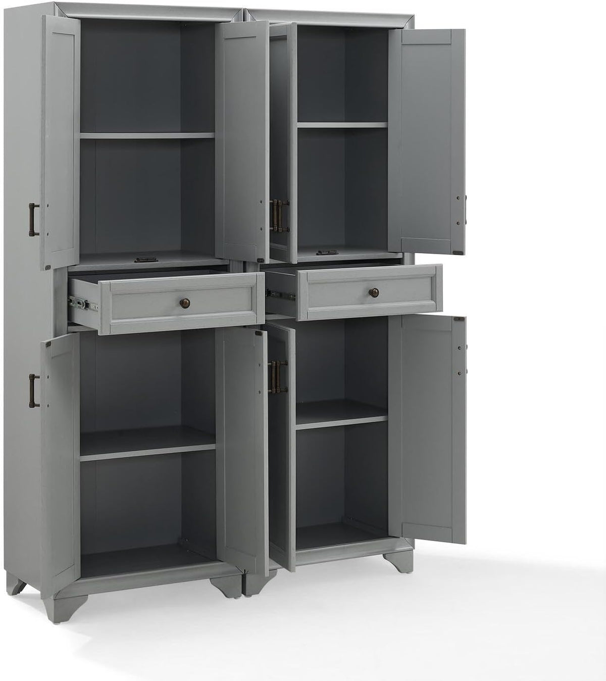 Maykoosh Pantry Cabinet Set, 2 Piece Storage Organizer, Distressed Gray, Metal Hardware
