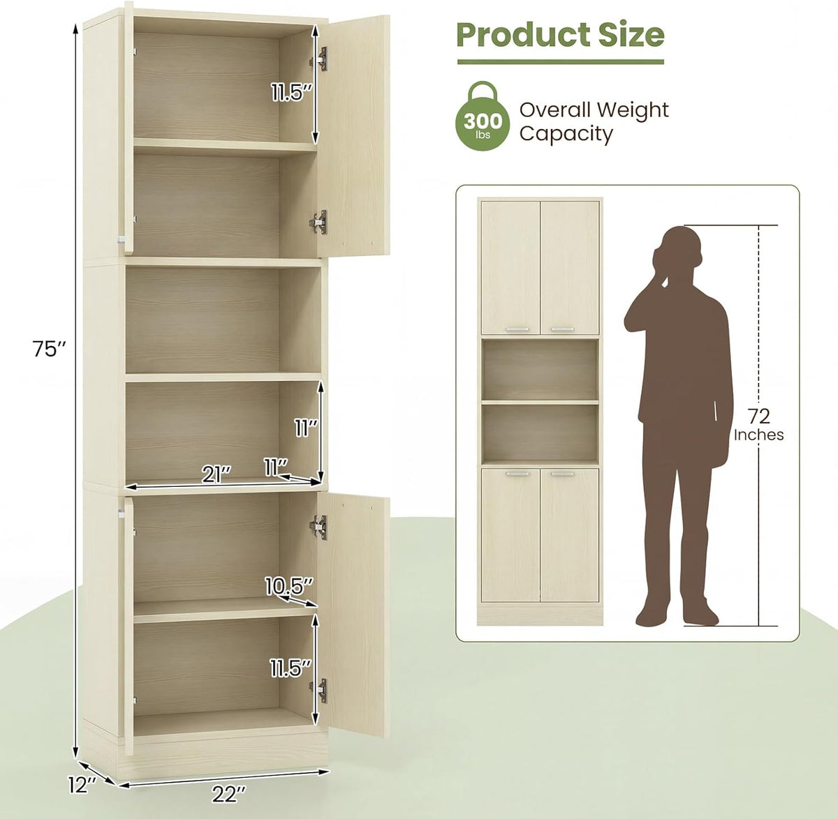 Giantex Kitchen Pantry Cabinet, 75'' Tall Freestanding Cupboard with Doors & Shelves, Safety Hinges & Anti-Tipping Devices, Storage Sideboard for Dining Room, Living Room (Light Oak)