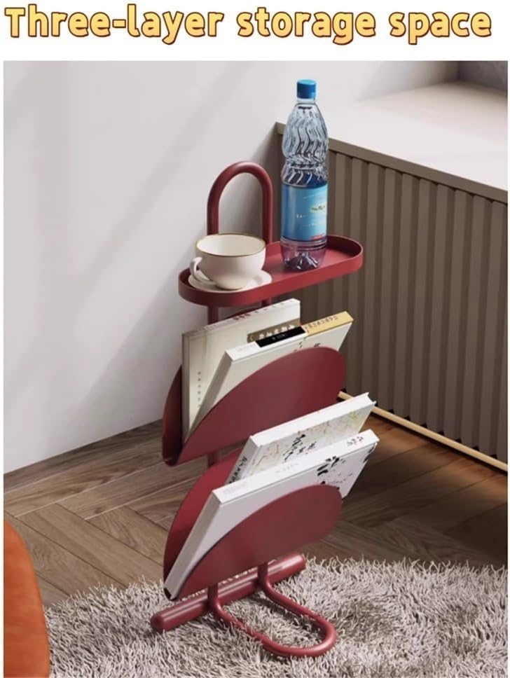 Stylish Iron Multi-Functional Side Table, End Table with Stable Base, Small Nightstand, Storage Shelf for Living Room, Office(Red)