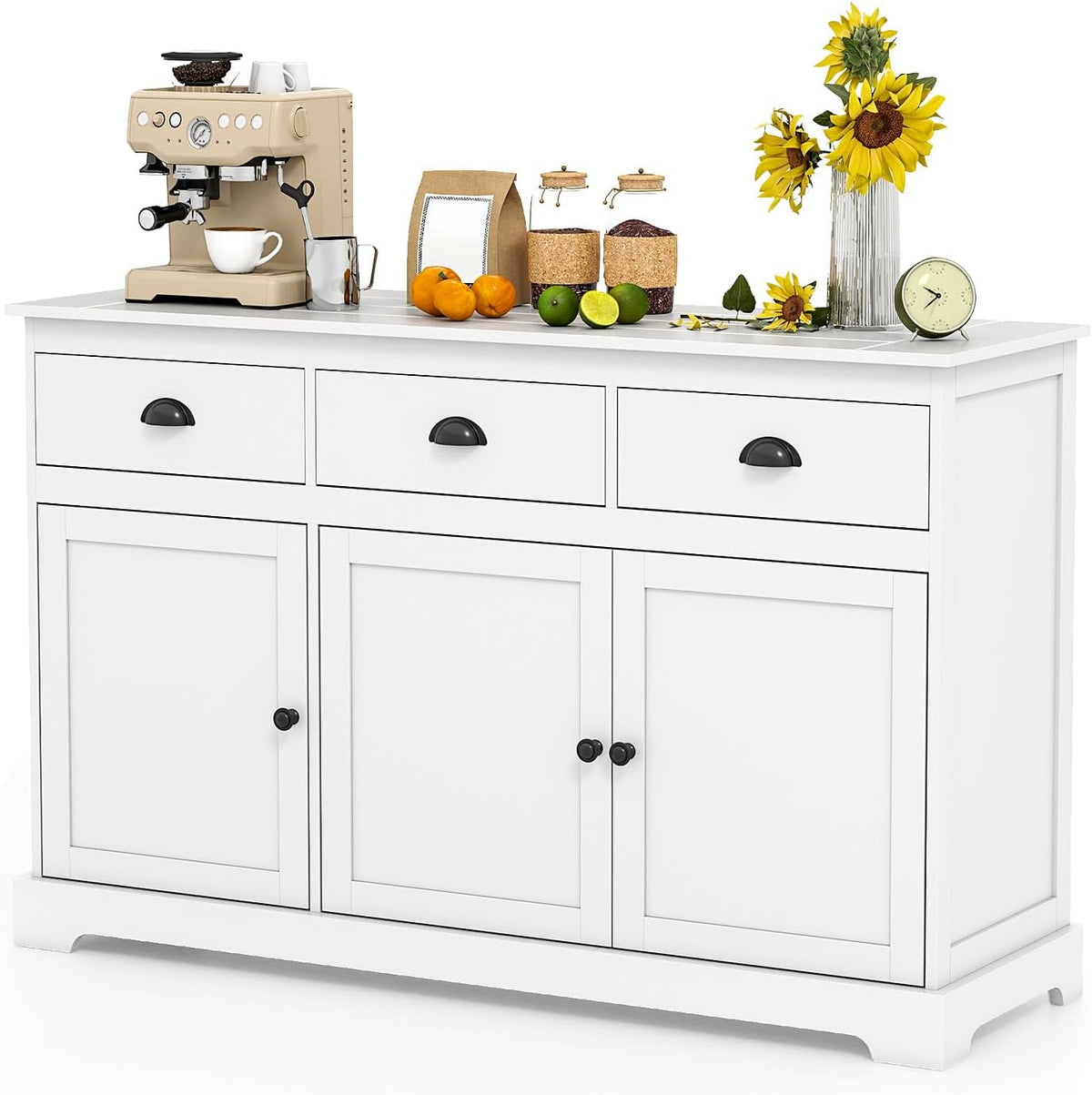 COSTWAY Sideboard Buffet Cabinet with Storage, Modern Coffee Bar Station with Drawers, Doors and Adjustable Shelves, Wooden Kitchen Storage Cabinet for Room (White)