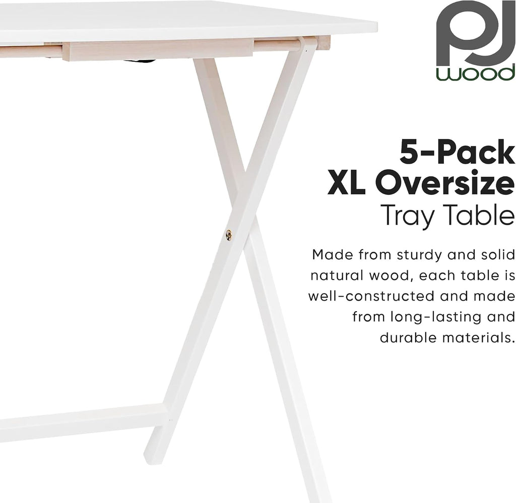 PJ Wood - 5 Pack XL TV Tray Tables - White Wood Set | Large Size, Rectangular Shape, Modern Style, Foldable Design, 33.2 lb Capacity Each, Small Space Storage