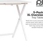 PJ Wood - 5 Pack XL TV Tray Tables - White Wood Set | Large Size, Rectangular Shape, Modern Style, Foldable Design, 33.2 lb Capacity Each, Small Space Storage