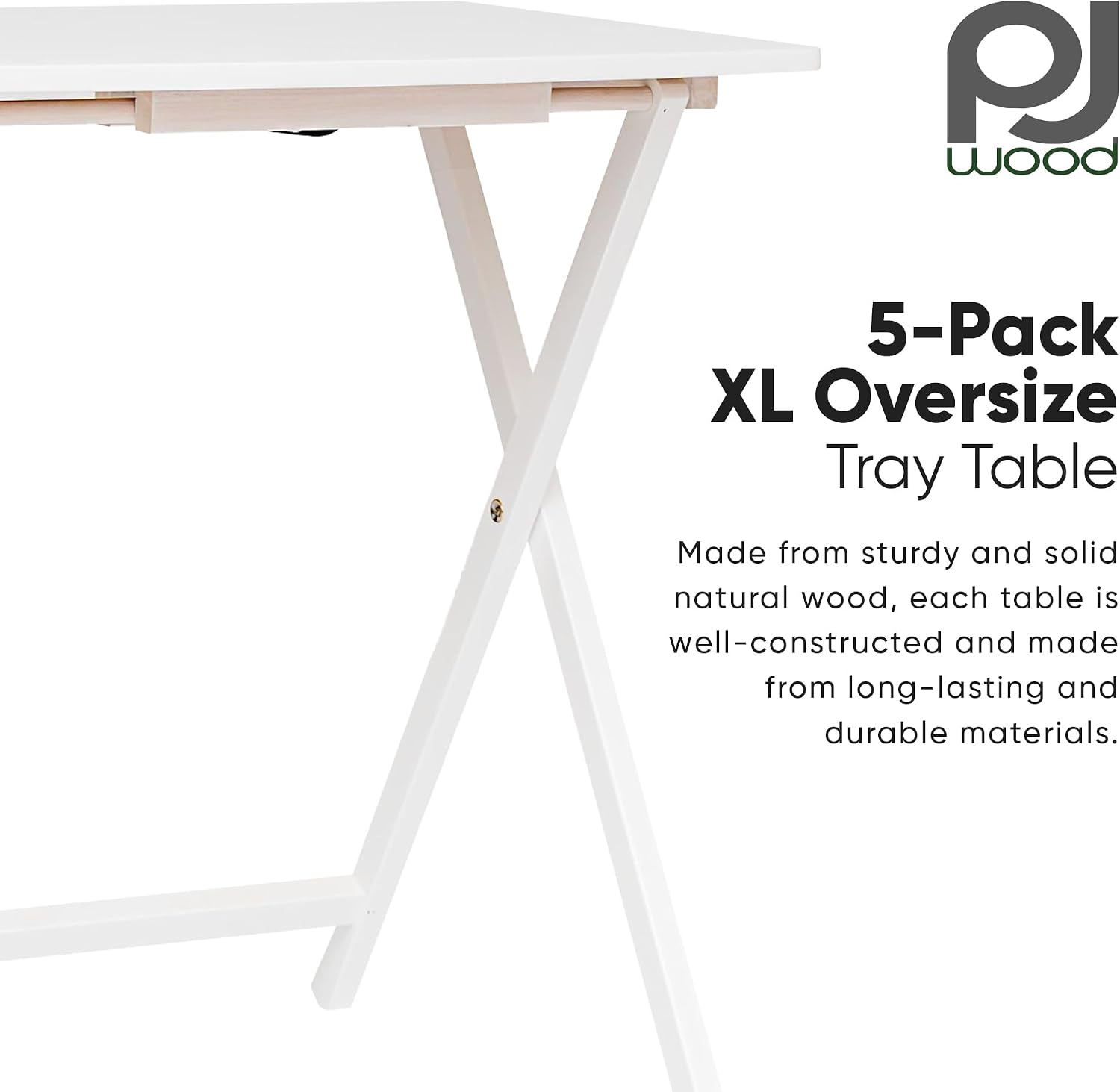 PJ Wood - 5 Pack XL TV Tray Tables - White Wood Set | Large Size, Rectangular Shape, Modern Style, Foldable Design, 33.2 lb Capacity Each, Small Space Storage