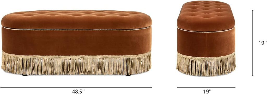 Jennifer Taylor Home 48.5" Oval Tufted Bullion Fringe Storage Bench, Burnt Orange Performance Velvet