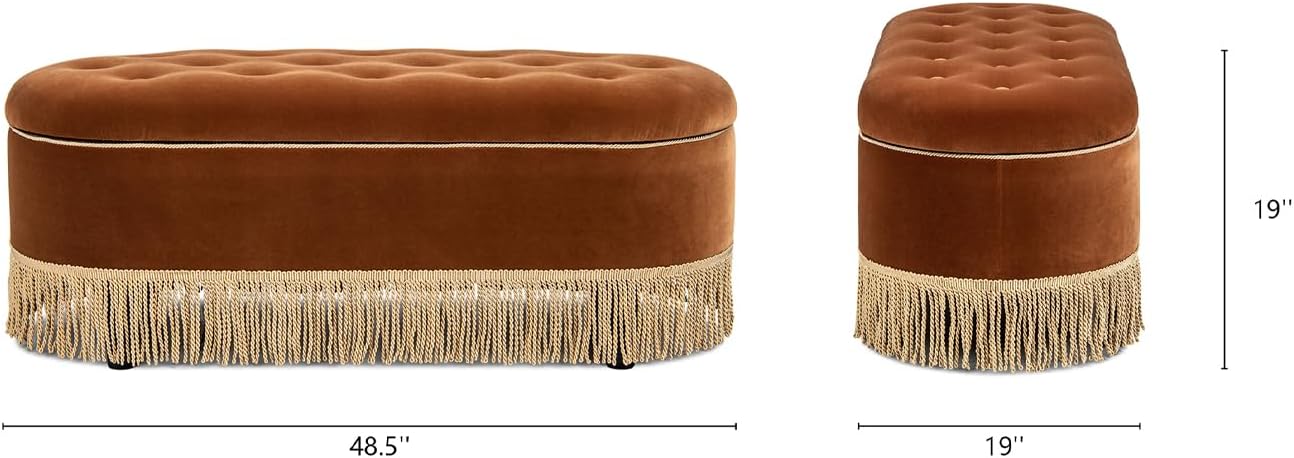 Jennifer Taylor Home 48.5" Oval Tufted Bullion Fringe Storage Bench, Burnt Orange Performance Velvet