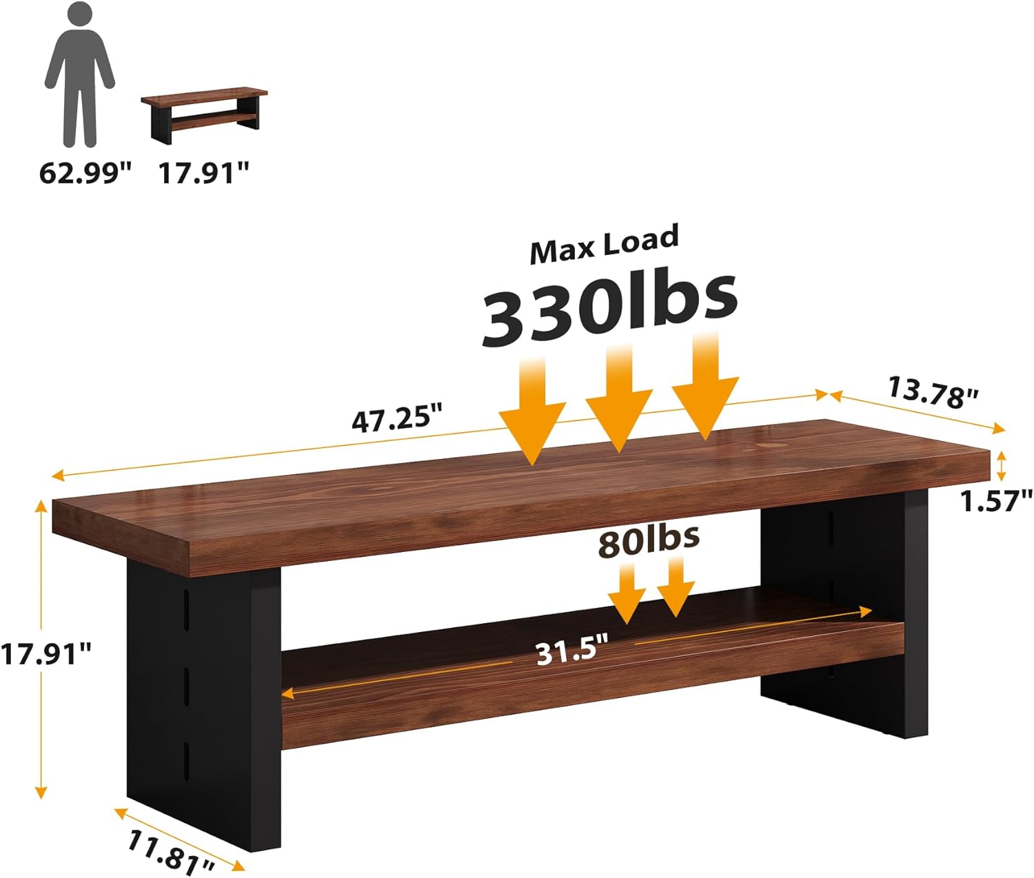 47" Solid Wood Entryway Bench with Shoe Storage, 2-Tier Modern Farmhouse Hallway Bench with Open Shelf for Bedroom, Dining Room, Mudroom, Easy Assembly, Dark Walnut & Black