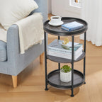 Dulcii Round Side Table with 3 Shelves for Living Room, Bedroom Nightstand with Steel Frame for Small Spaces, Industrial Round Sofa Table (Classic, Grey)