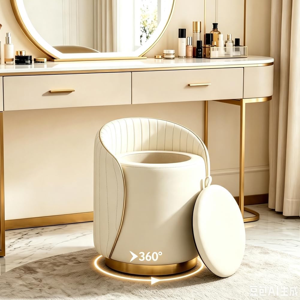 Luxury Vanity Stool with Storage, 360° Swivel Vanity Chair with Back, 400lbs Round Ottoman Leather Makeup Vanity Stool, Dressing Table Seat for Bedroom Bathroom Dressing Room (Beige- B)