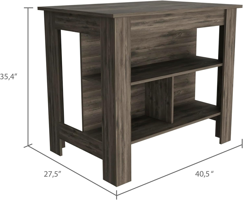 Dark Brown Kitchen Island with Three Shelves and Four Legs | Spacious kitchen island with three storage shelves and wide top surface for meal prep