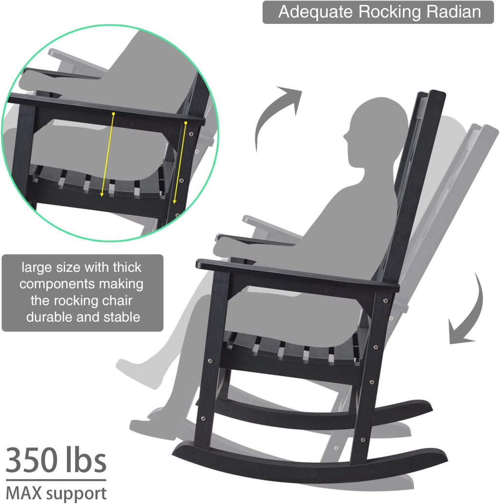 Outdoor Rocking Chair, Oversized Rocking Chair for Adults, All Weather Resistant Porch Rocker for Lawn Garden, 350lbs Weight Capacity - Black