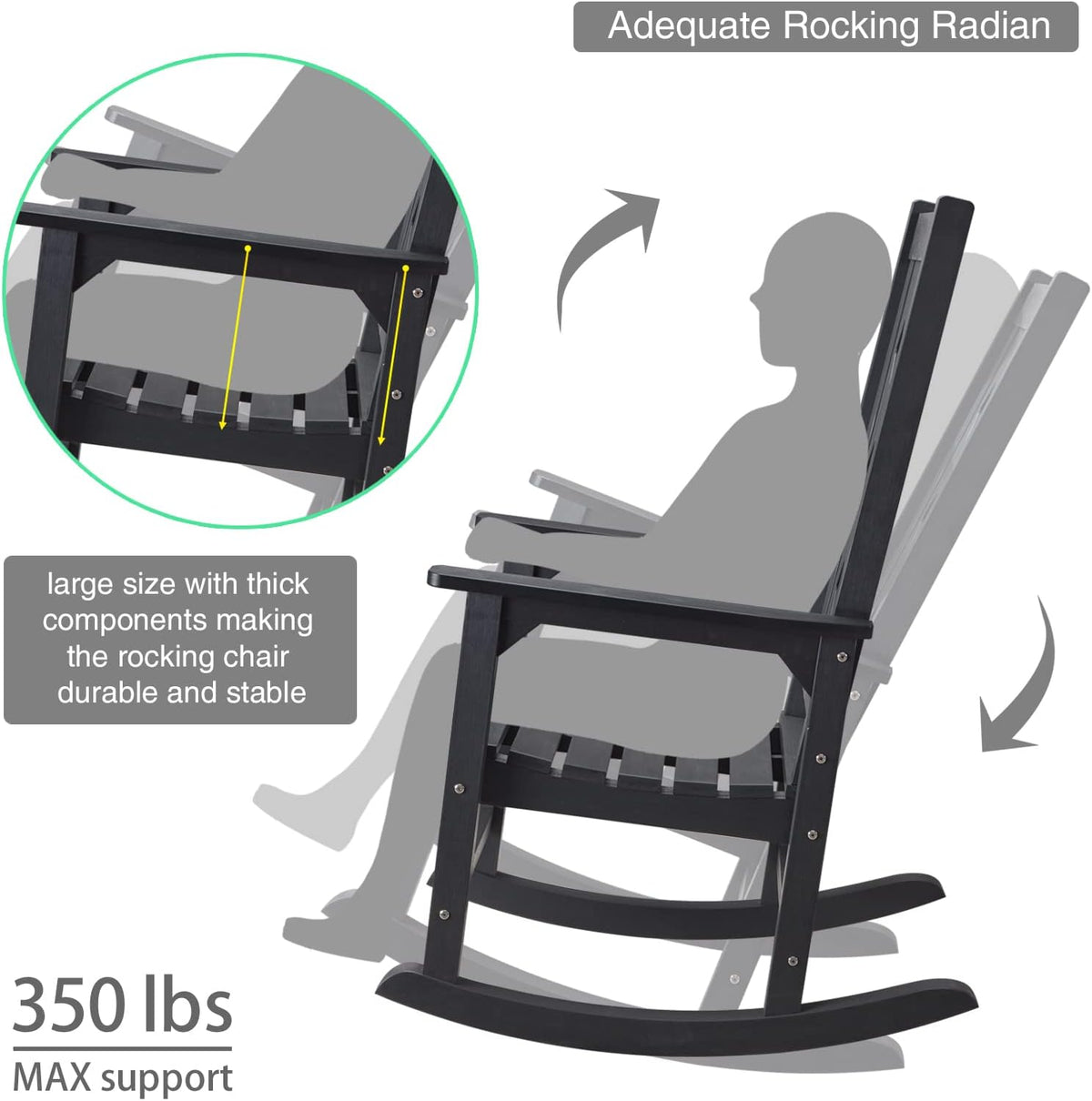 Outdoor Rocking Chair, Oversized Rocking Chair for Adults, All Weather Resistant Porch Rocker for Lawn Garden, 350lbs Weight Capacity - Black