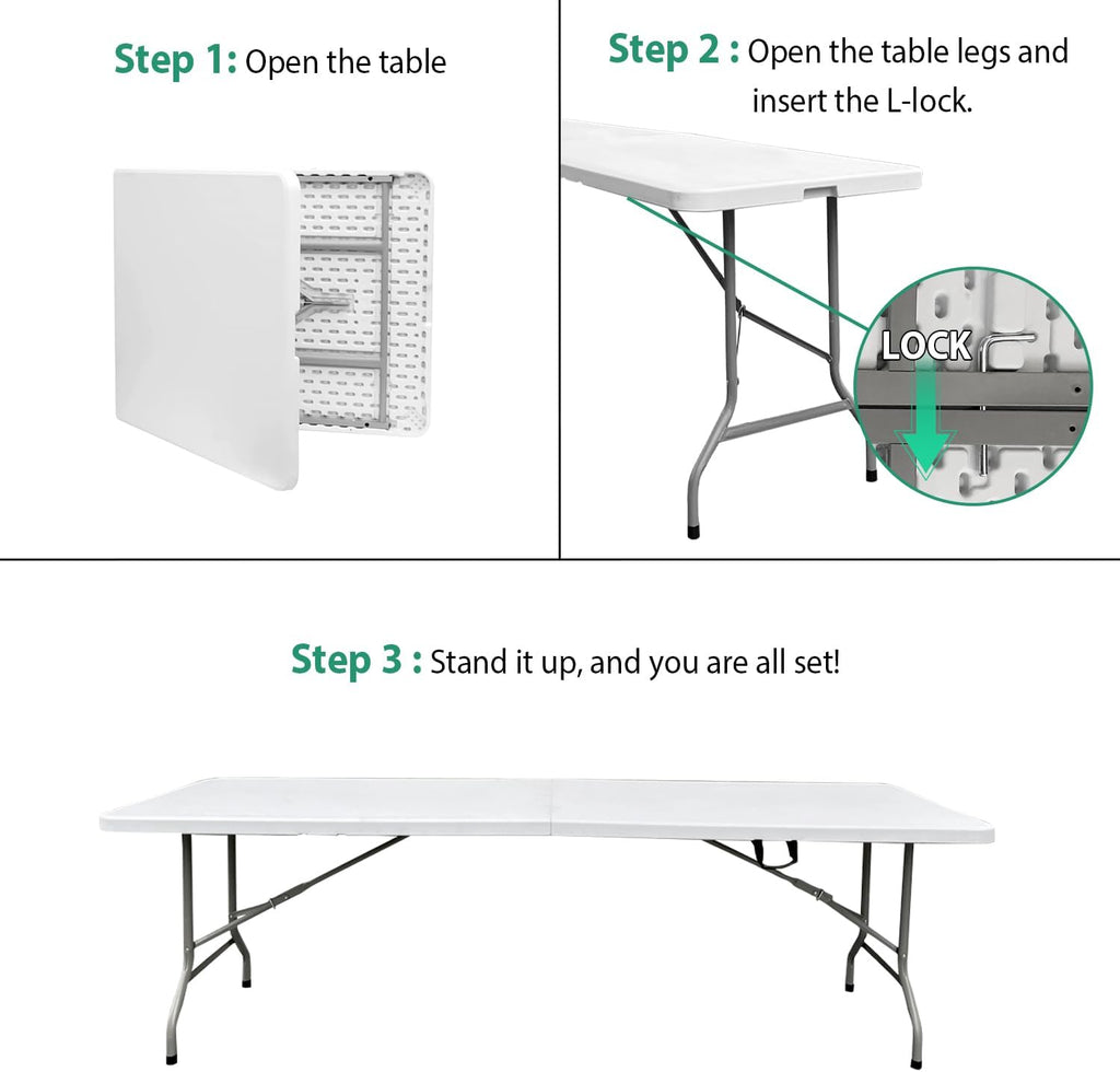 8ft Folding Table Heavy Duty 8 Foot Portable Foldable Table | Carry Handle, Fold-in-Half Design, Blow Molded Tabletop, Perfect for Party, Dining, Banquet, Picnic and Camping, White