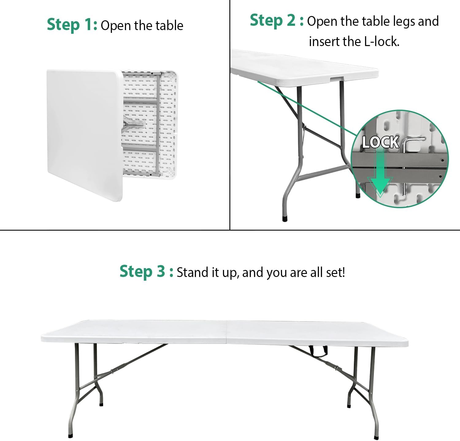 8ft Folding Table Heavy Duty 8 Foot Portable Foldable Table | Carry Handle, Fold-in-Half Design, Blow Molded Tabletop, Perfect for Party, Dining, Banquet, Picnic and Camping, White