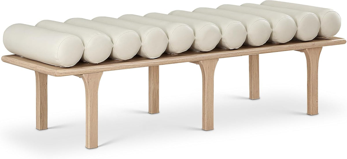 Meridian Furniture 22007Cream Landon Collection Art Deco Bench with Soft Vintage Cream Vegan Leather and Solid Wood with Natural Oak Finish, 60.5" W x 19.5" D x 18.5" H, Cream