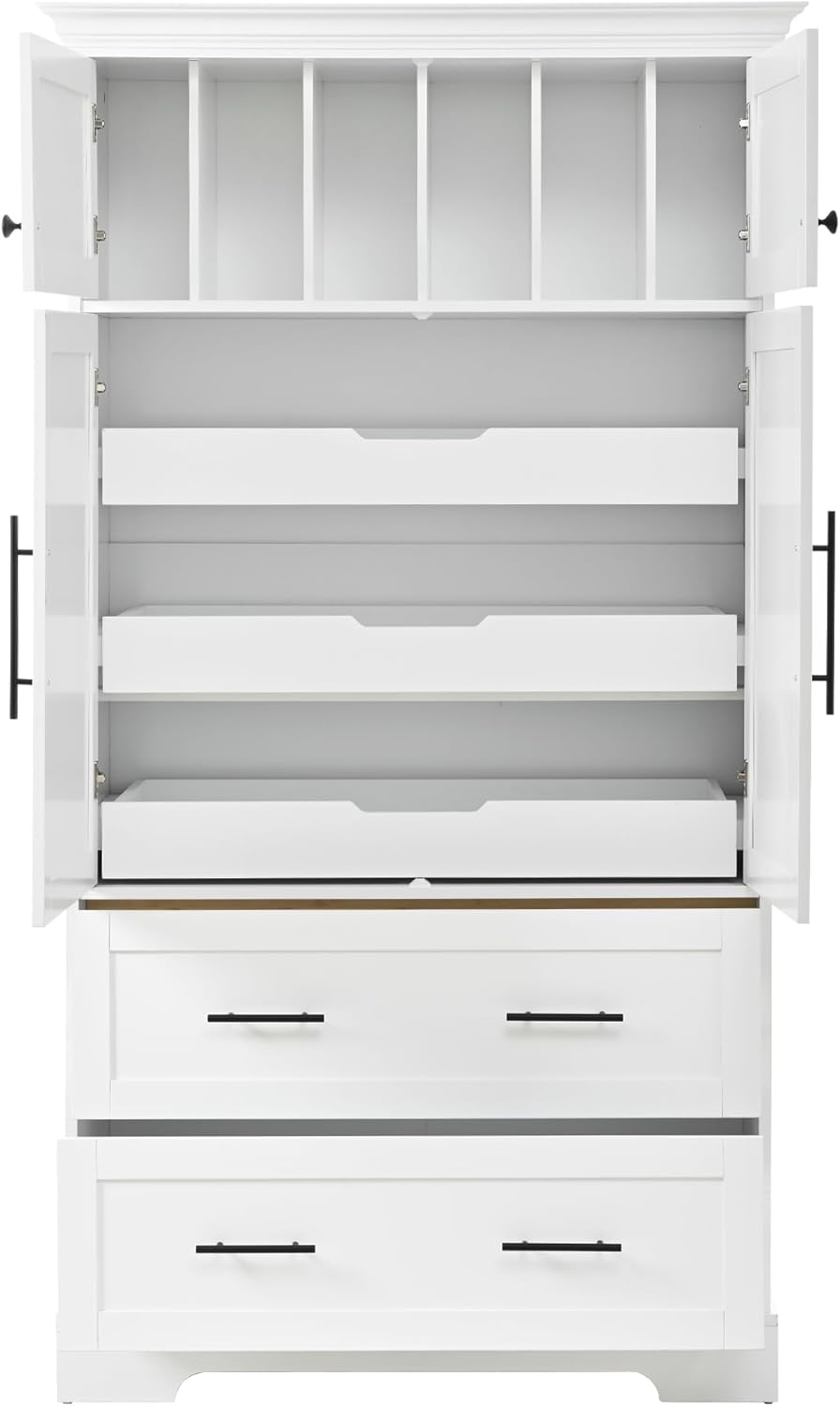 Harper & Bright Designs 72" Tall Farmhouse Kitchen Pantry with 2 Cabinets & 2 Drawers, Modern Storage Cabinet with 3 Pull-Out Trays & 4 Doors, Freestanding Cupboard for Kitchen, Dining Room,White