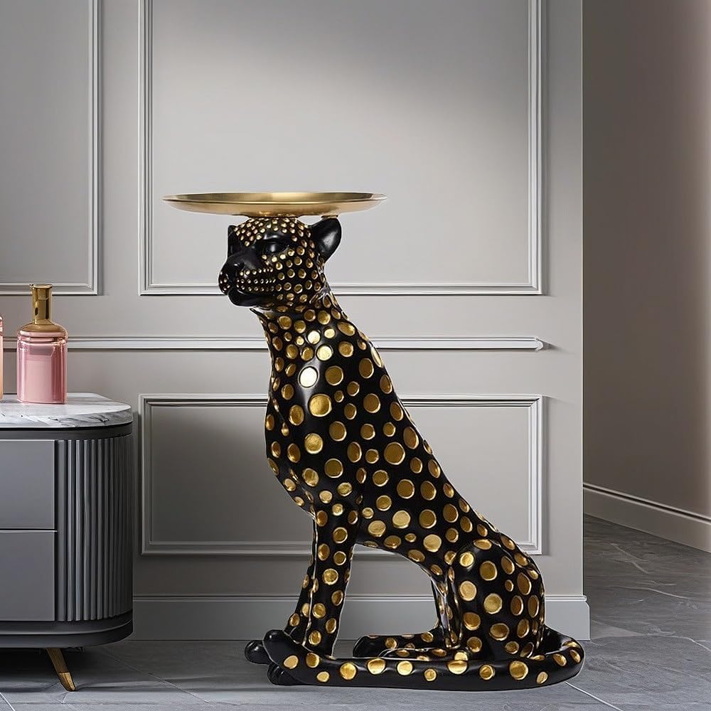 Luxury Panther Side Table with Tray, Fiberglass Resin Floor Sculpture, Decorative Accent Table for Living Room, Entryway, or Office(Black)