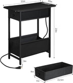 Long Narrow Side Tables Set of 2 with Charging Station, Slim Nightstand with Drawer and Fabric Basket, Skinny End Table for Living Room, Bedroom, Small Spaces, Black