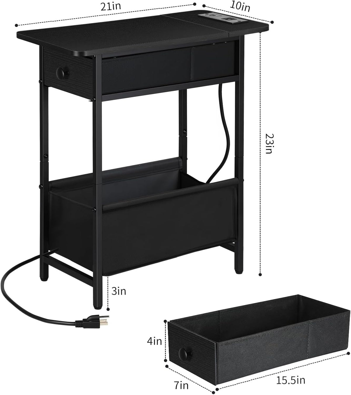 Long Narrow Side Tables Set of 2 with Charging Station, Slim Nightstand with Drawer and Fabric Basket, Skinny End Table for Living Room, Bedroom, Small Spaces, Black