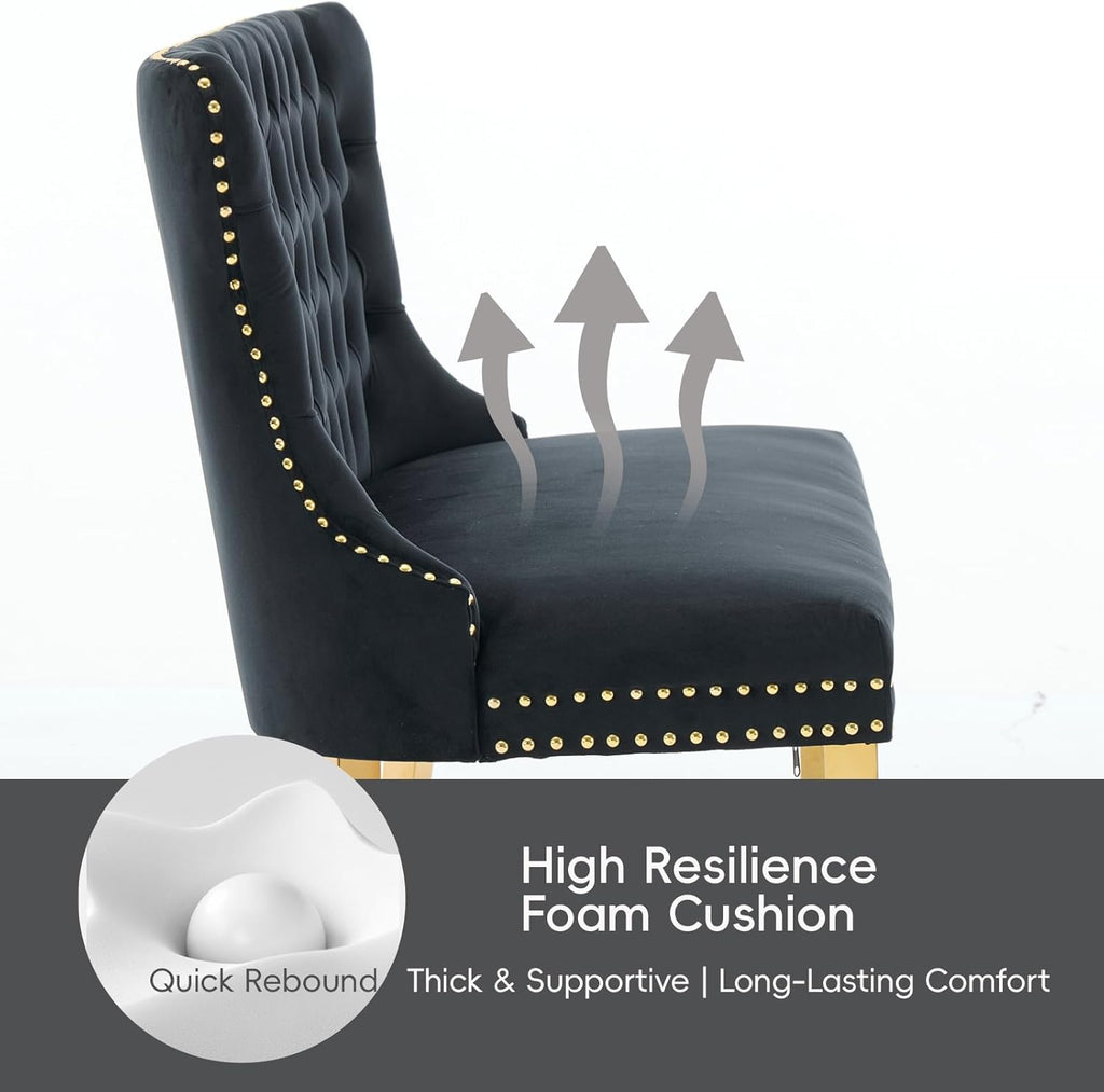 Velvet Double Dining Loveseat Bench with Wing Back, Tufted Upholstered 2-Seat Design,Golden Stainless Steel Legs, Modern Mid-Century Accent Seating for Dining Room, Kitchen, or Entryway (Black)