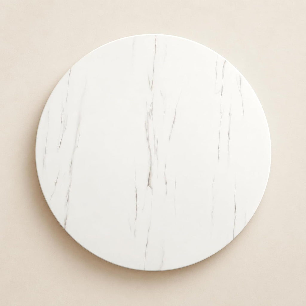 42 Inch Round Dining Table for 4, Modern White Marble Table with Fluted Solid Wood Base for Kitchen, Dining Room and Apartment