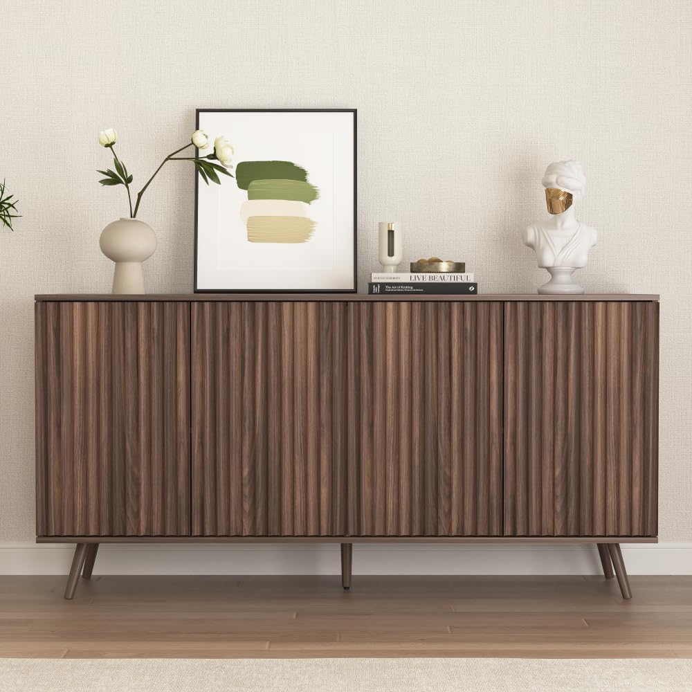 Sideboard Buffet Cabinet with Storage, Long Sideboard Storage Cabinet with 4 Doors, Wood Credenza Console Coffee Bar Cabinets with Adjustable Shelves for Living Room Kitchen Dining Room Walnut
